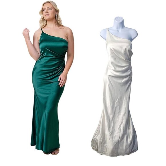 NWT REVELRY Jade Satin 77778 One Shoulder Maxi Bridesmaid Dress White Pearl Sz12 - Picture 1 of 6